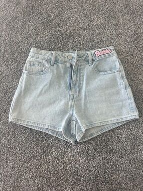 Barbie Pale Blue Denim High-Rise Shorts with Pink Logo Patch